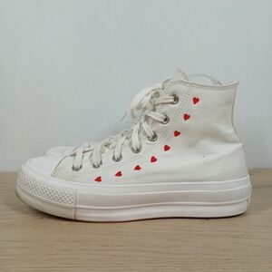 Converse High Top Sneakers Womens 9 White Platform Heart Print Romantic Y2K